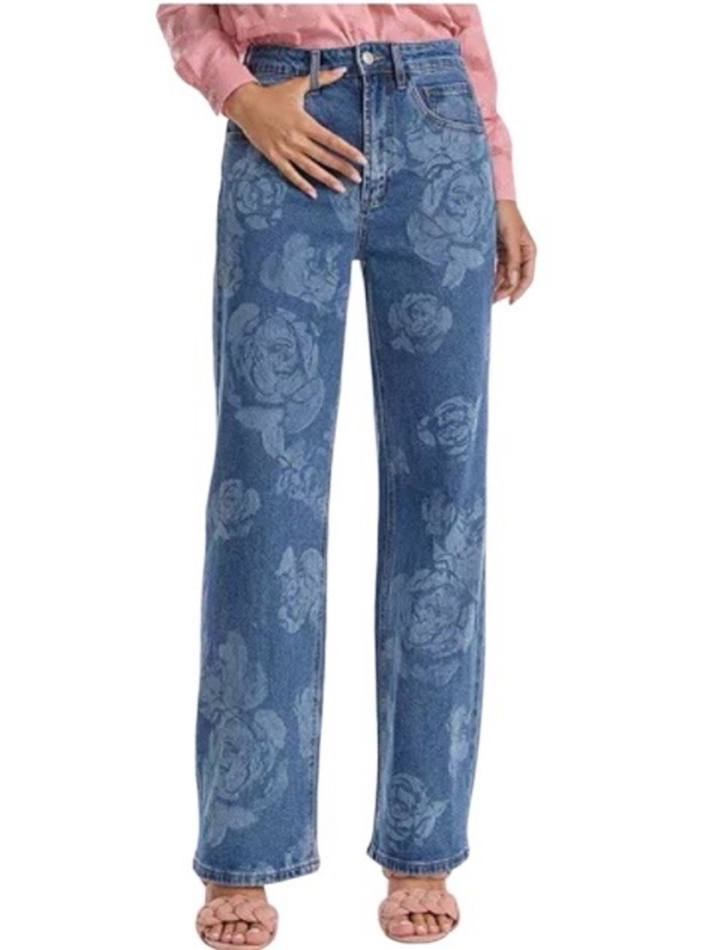 The Noli Shop‎ Women's Rose Print Straight Leg High Rise Jean Size 28